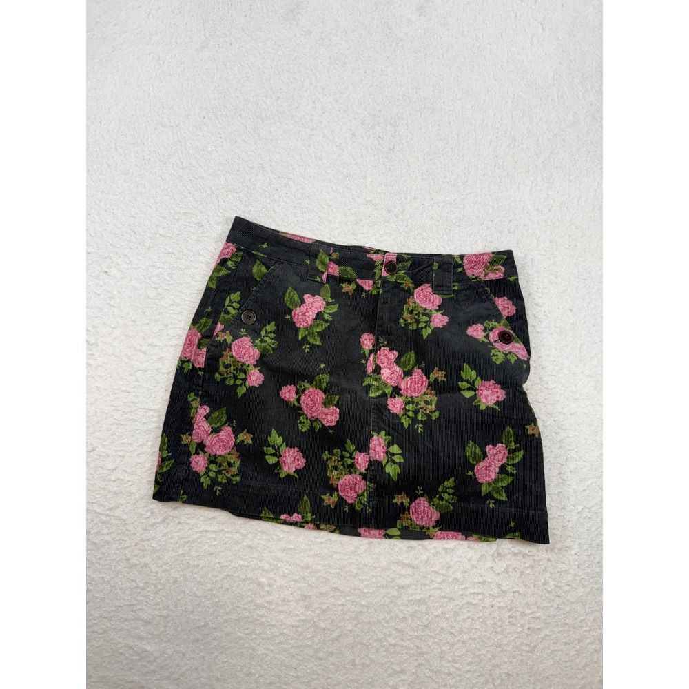 Wild Fable Floral Corduroy Mini Skirt Size 10 Black Pink Rose Print A-Line